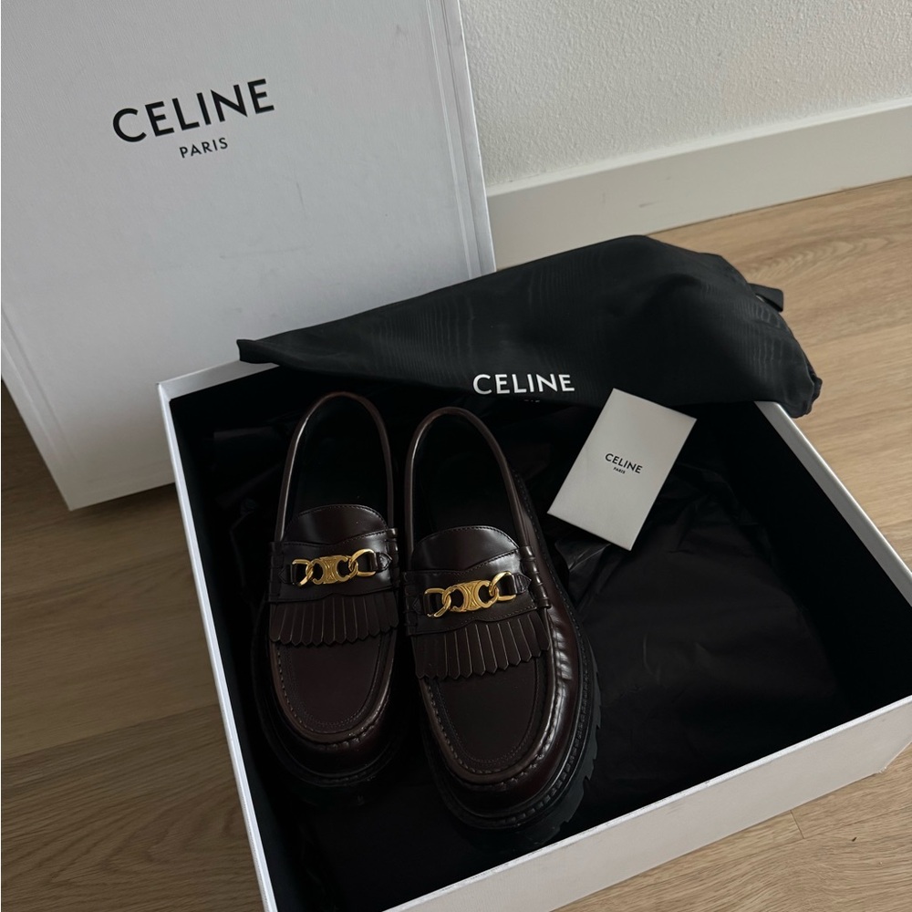 Celine Dark Brown Leather Kiltie Loafers with Gold Chain